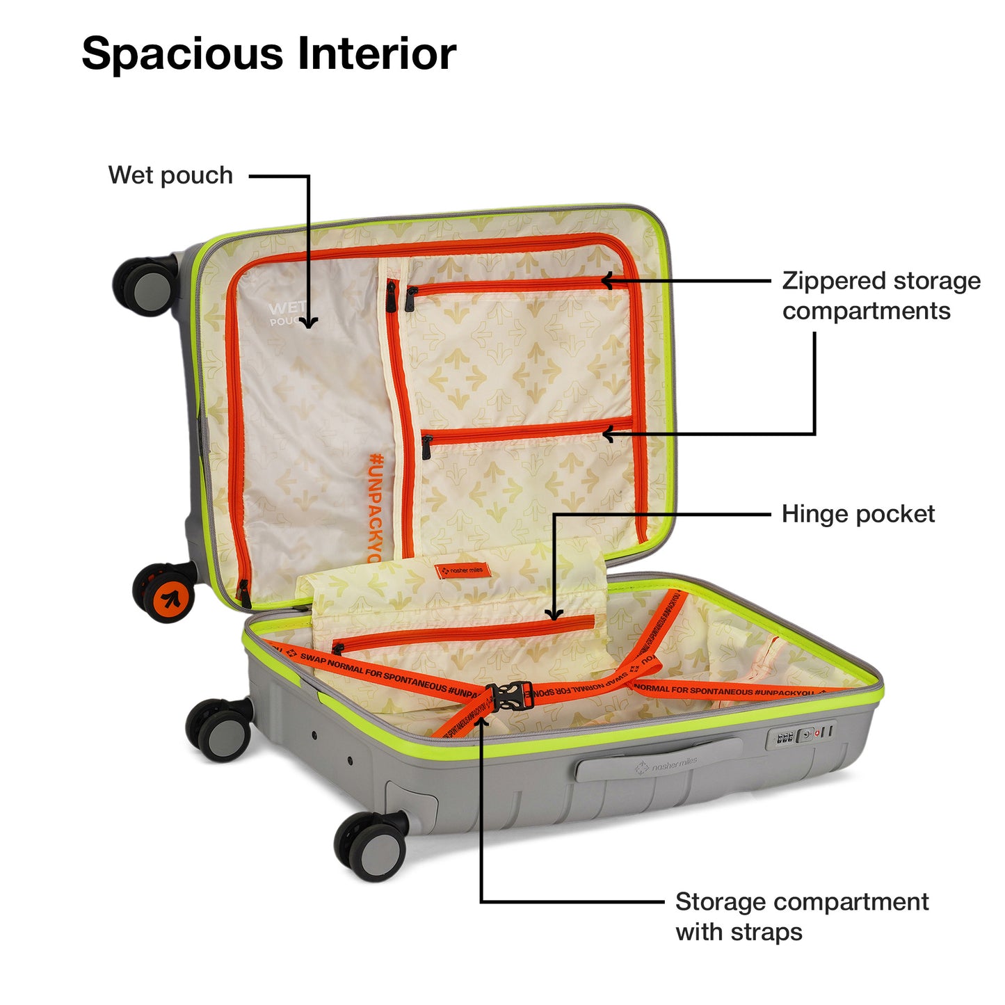 Nasher Miles Cannes Hard-sided Polypropylene Check-In Luggage Grey Neon Green 24 inch | 65 cm Medium Trolley bag