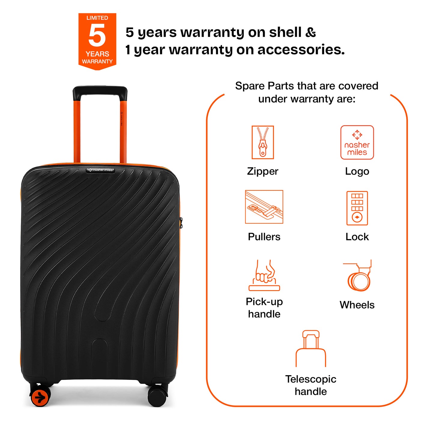 Nasher Miles Capri Hard-Sided Polypropylene Check-in Luggage 24 inch | 65cm | 8 Wheels Medium Trolley Bag for Travel | Suitcase (Black & Orange)