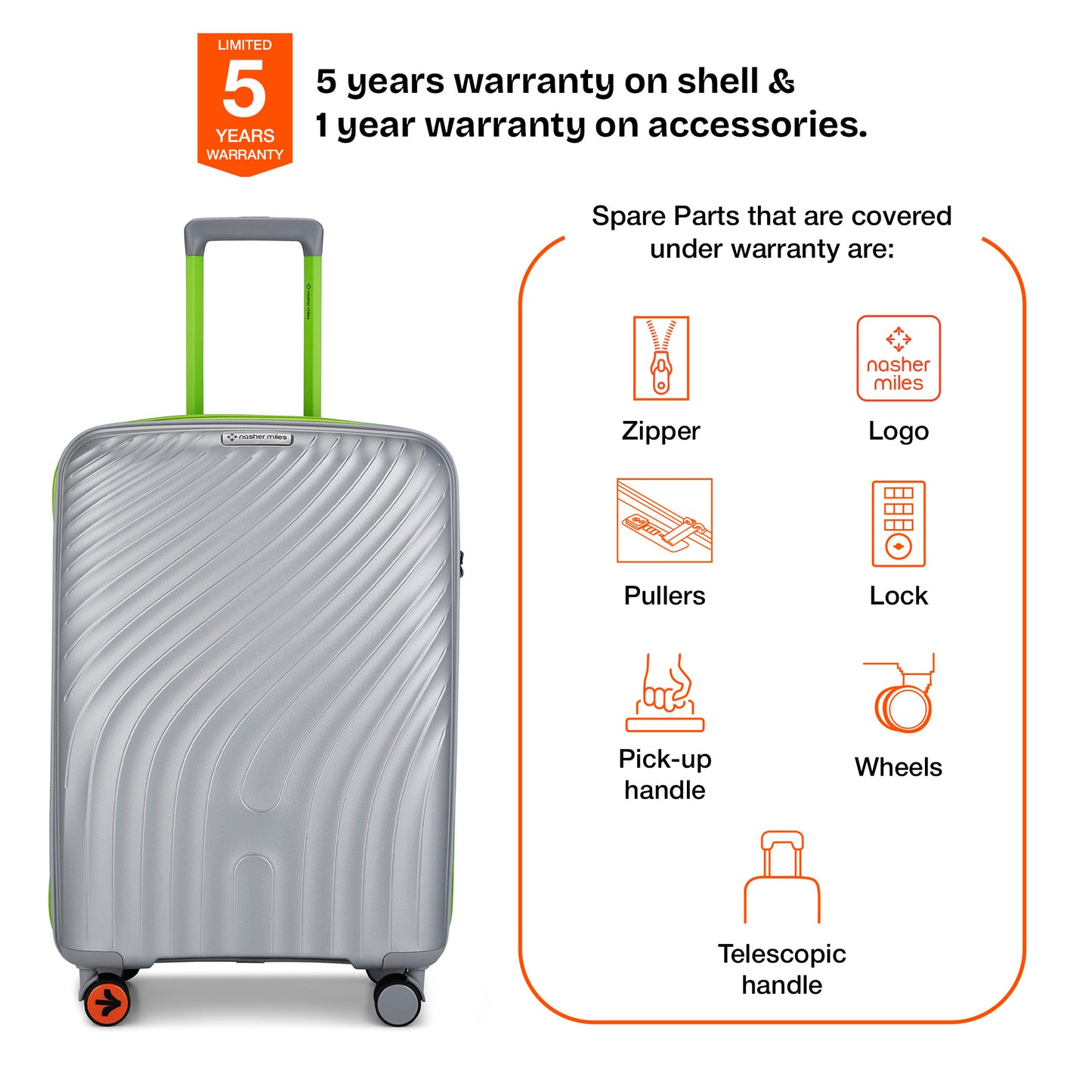 Nasher Miles Capri Hard-Sided Polypropylene Check-in Luggage 24 inch | 65cm | 8 Wheels Medium Trolley Bag for Travel | Suitcase (Grey & Green)