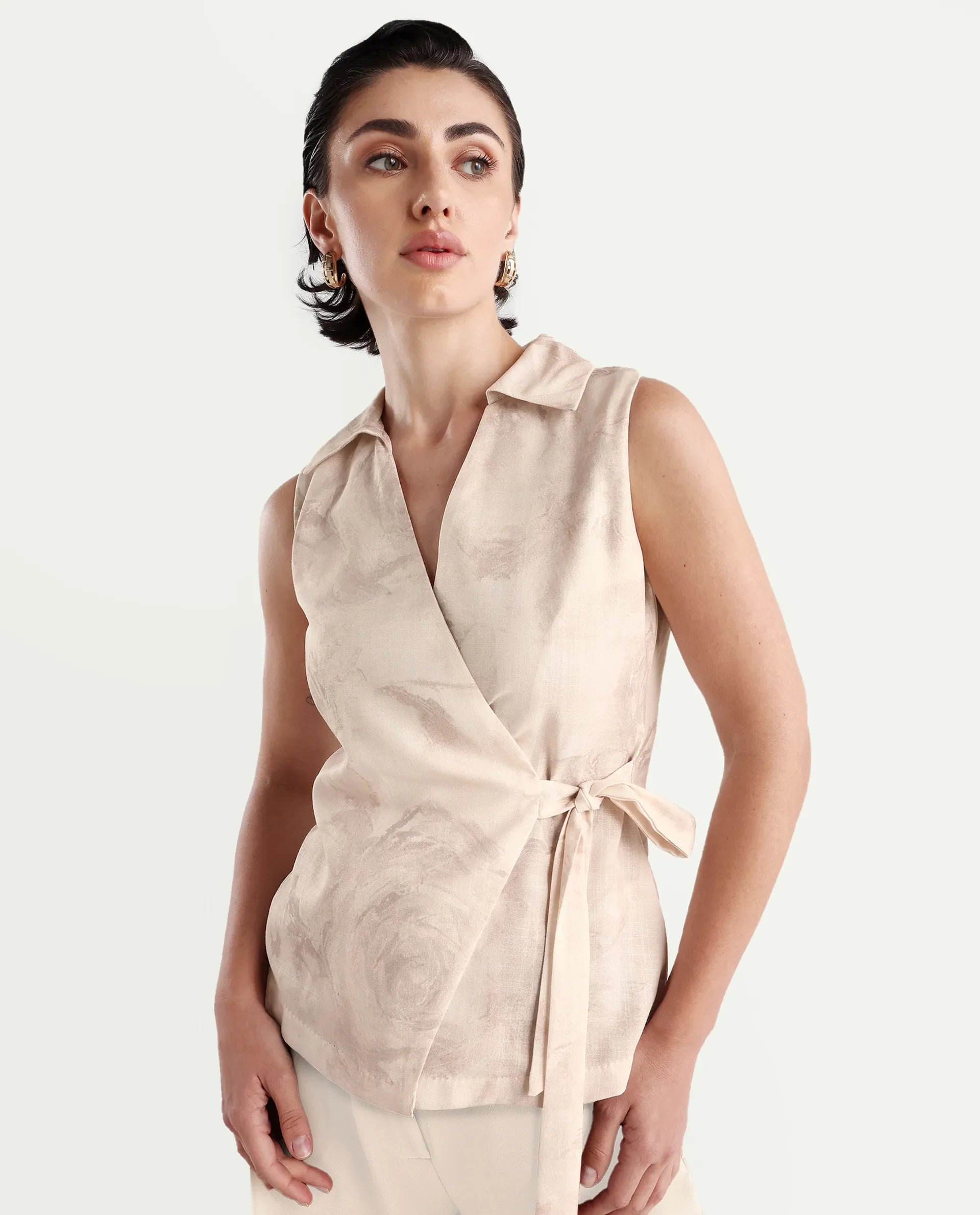 Rareism Women's Marlopo Light Beige Polyester Jonny Collar Fitted Top | RAREISM at Broadway