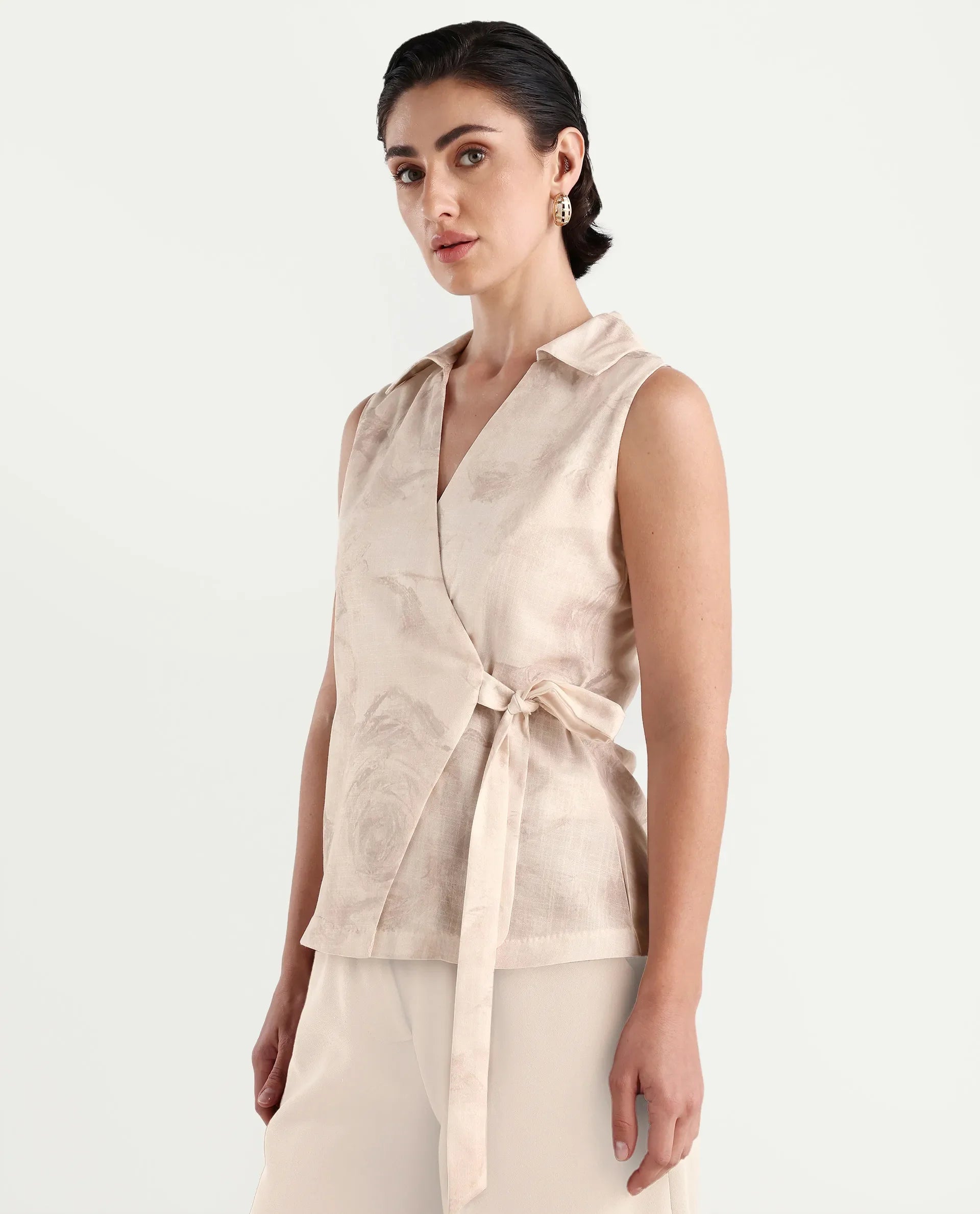 Rareism Women's Marlopo Light Beige Polyester Jonny Collar Fitted Top | RAREISM at Broadway