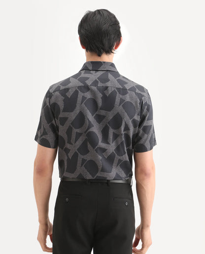 Rare Rabbit Men's Milo Black Cotton Fabric Half Sleeve Spread Collar Regular Fit Monogram Print Shirt