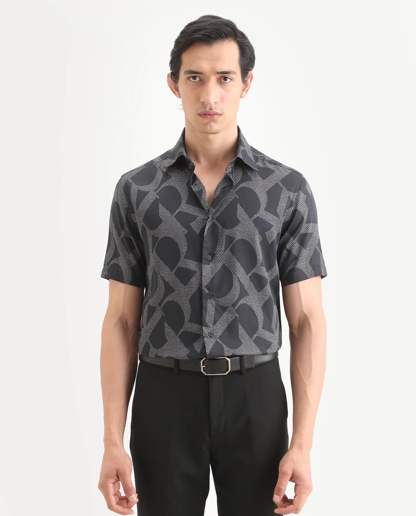 Rare Rabbit Men's Milo Black Cotton Fabric Half Sleeve Spread Collar Regular Fit Monogram Print Shirt