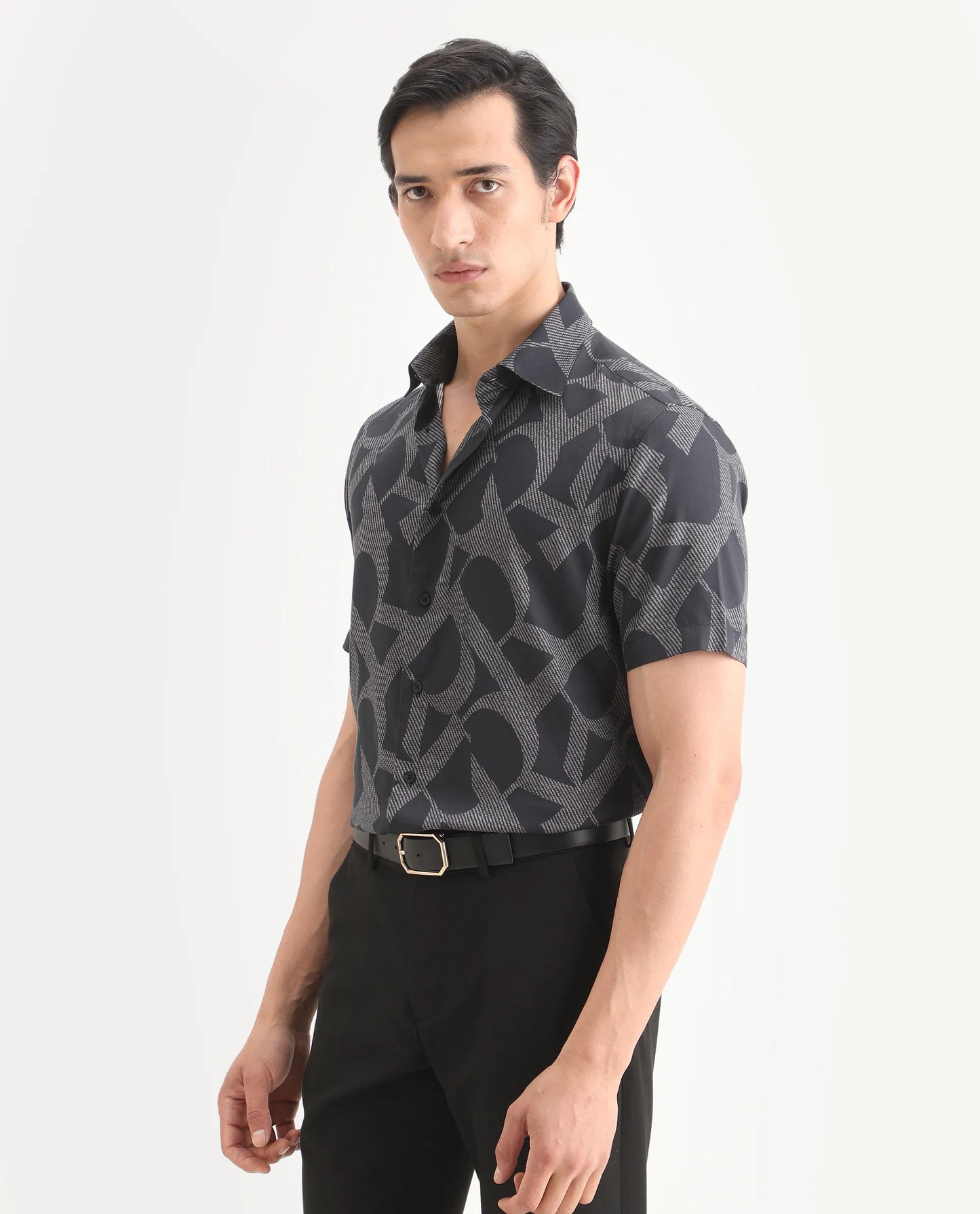 Rare Rabbit Men's Milo Black Cotton Fabric Half Sleeve Spread Collar Regular Fit Monogram Print Shirt