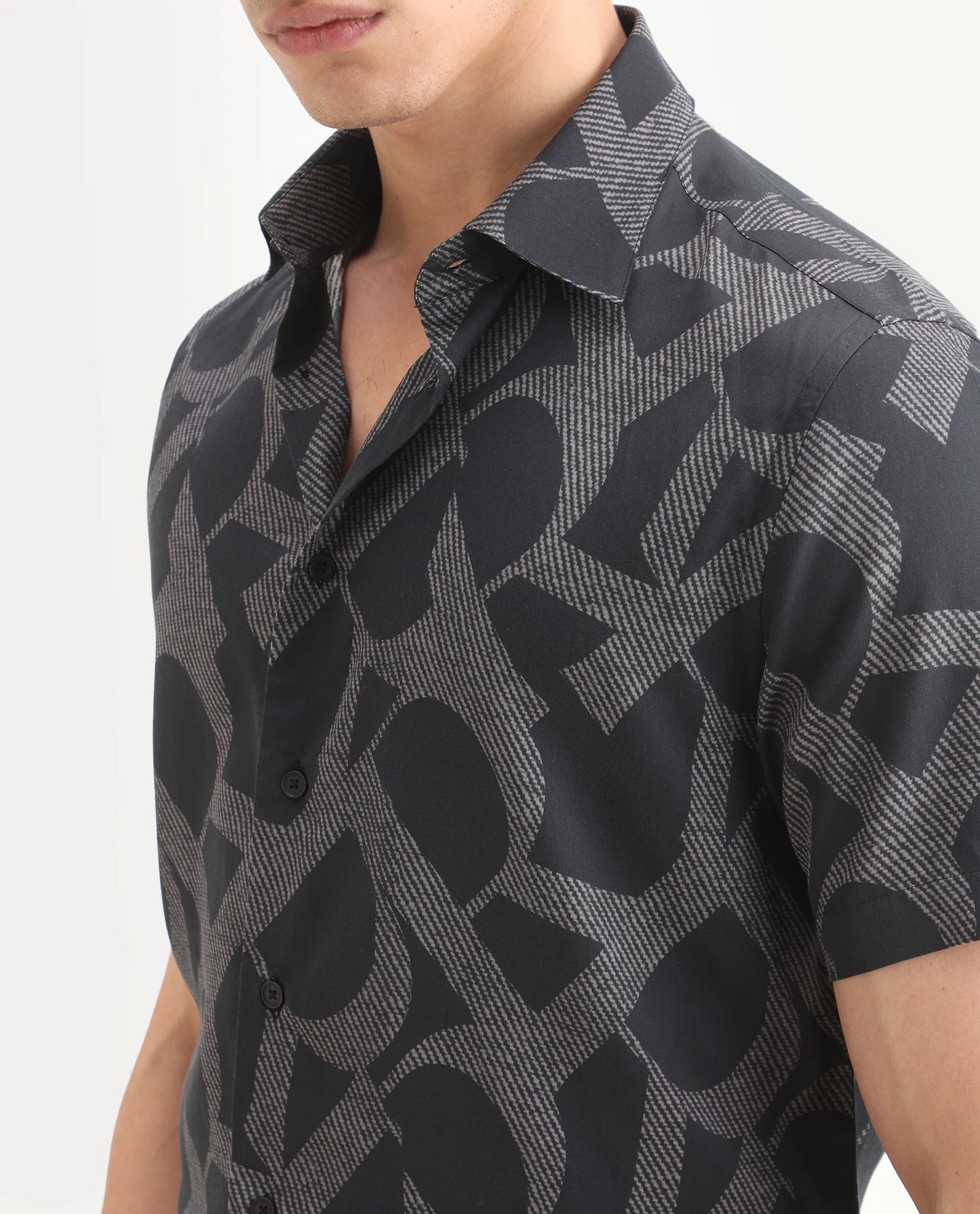 Rare Rabbit Men's Milo Black Cotton Fabric Half Sleeve Spread Collar Regular Fit Monogram Print Shirt