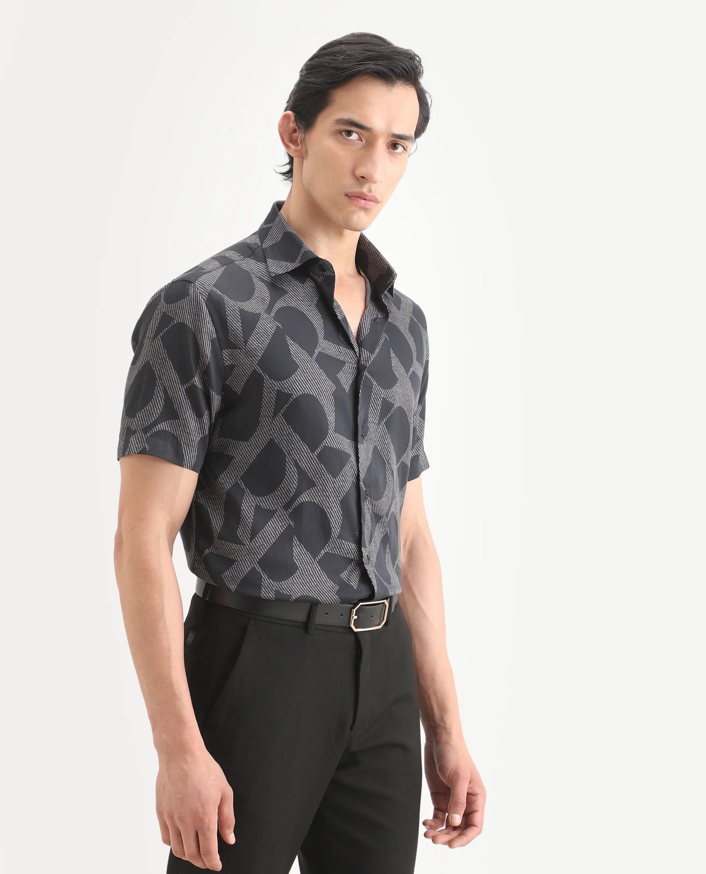 Rare Rabbit Men's Milo Black Cotton Fabric Half Sleeve Spread Collar Regular Fit Monogram Print Shirt