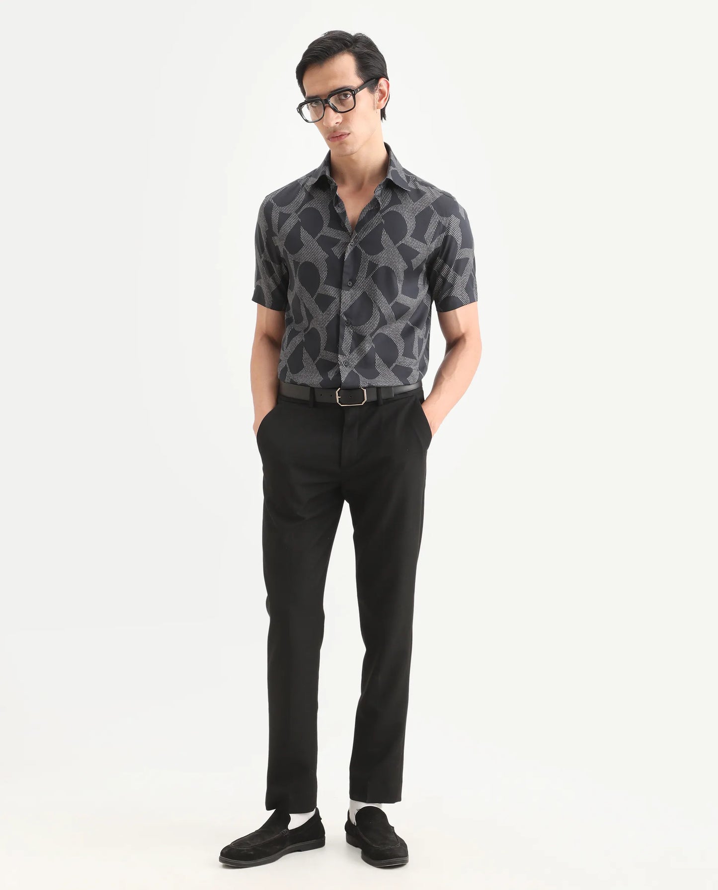 Rare Rabbit Men's Milo Black Cotton Fabric Half Sleeve Spread Collar Regular Fit Monogram Print Shirt