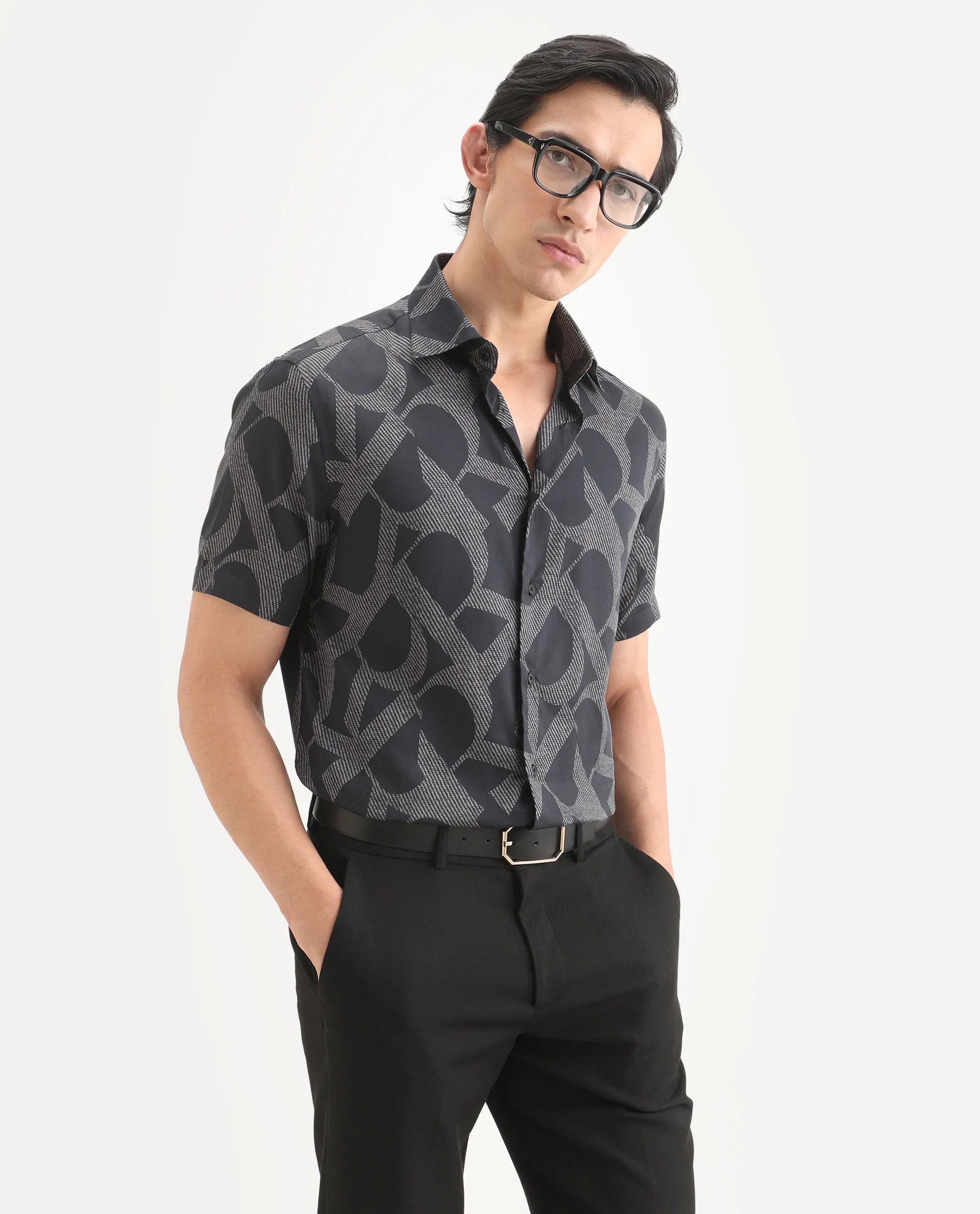 Rare Rabbit Men's Milo Black Cotton Fabric Half Sleeve Spread Collar Regular Fit Monogram Print Shirt | Rare Rabbit at Broadway