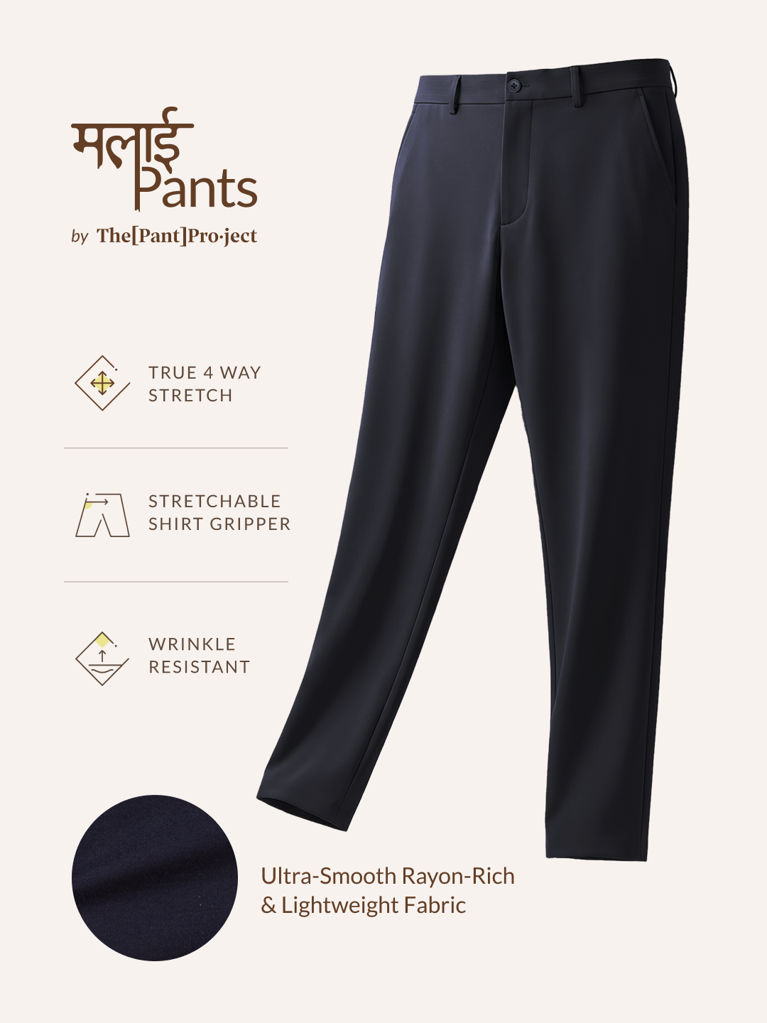 Malai Pants Navy Soft-touch Slim Fit Power-Stretch Pants