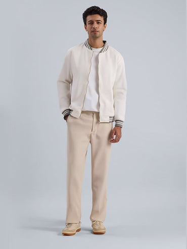 White Striped Rib Bomber Jacket