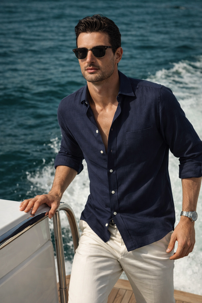 100% Linen Soft Touch Navy Blue Shirt