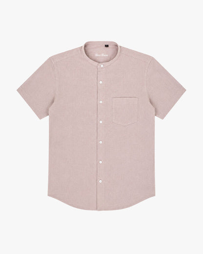 Bare Brown Mandarin Collar Cotton Linen Shirt, Slim Fit with Half Sleeves - Beige