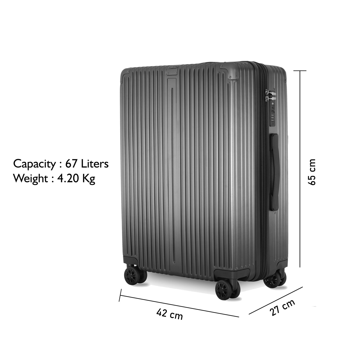 Carriall Meta Luggage Polycarbonate (PC) Hard Sided 24 inch / 65 cm Check-in Size Expandable Trolley Bag  (Grey)