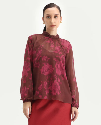 Rareism Women's Neho Brown Polyester Bishop Sleeve Band Collar Relaxed Fit Top | RAREISM at Broadway