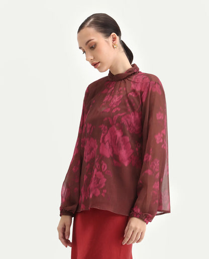 Rareism Women's Neho Brown Polyester Bishop Sleeve Band Collar Relaxed Fit Top | RAREISM at Broadway
