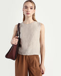 Rareism Women's Nenk Dark Beige Linen Sleeveless Crew Neck Regular Fit Plain Top | RAREISM at Broadway