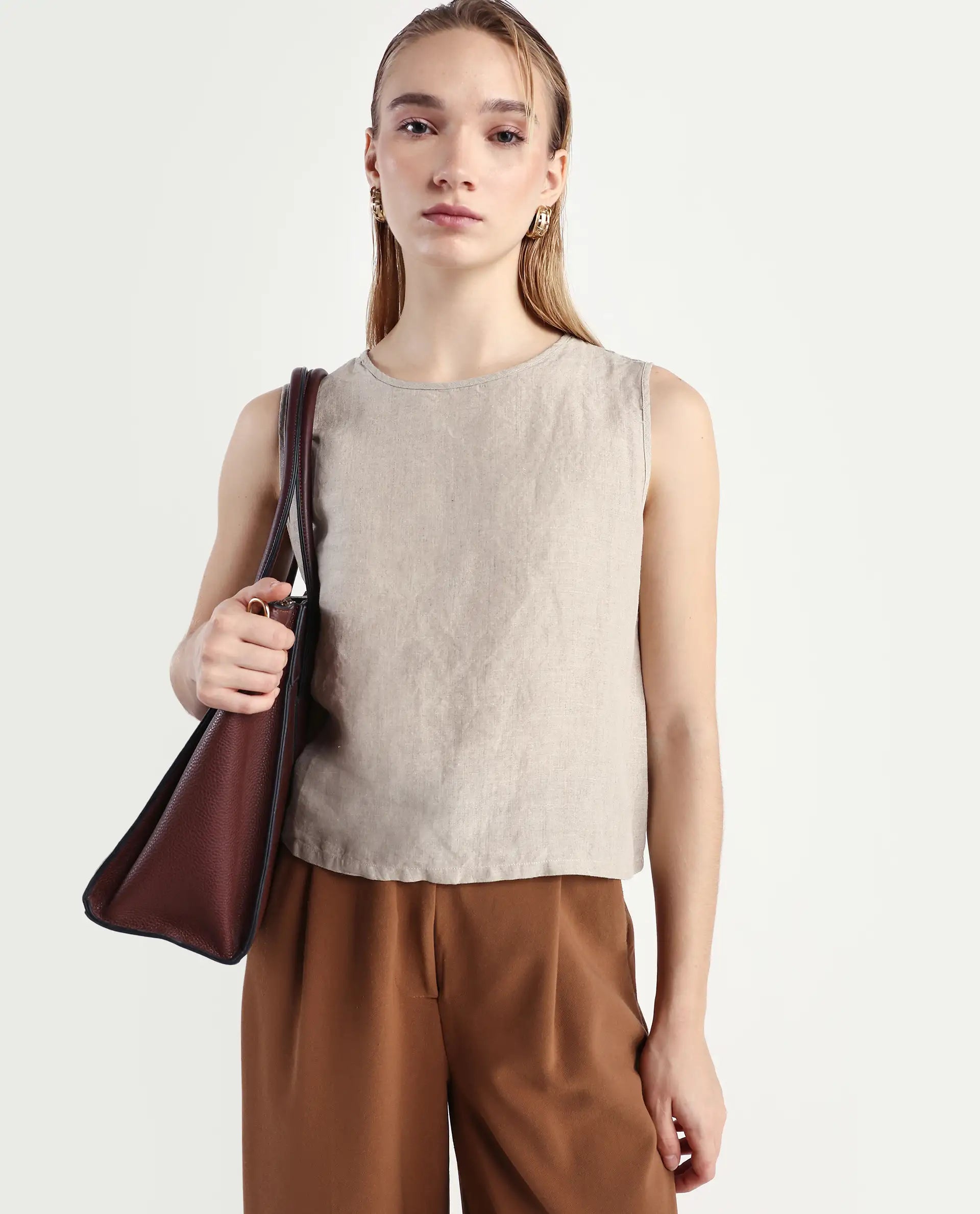 Rareism Women's Nenk Dark Beige Linen Sleeveless Crew Neck Regular Fit Plain Top | RAREISM at Broadway