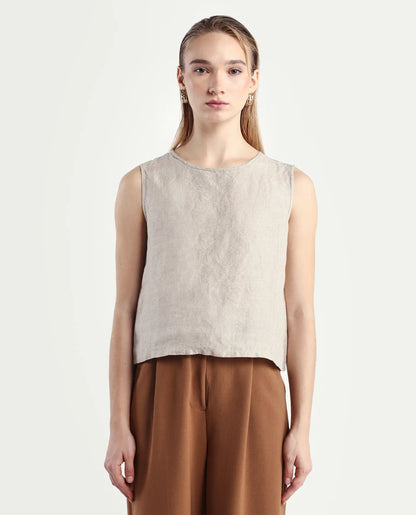Rareism Women's Nenk Dark Beige Linen Sleeveless Crew Neck Regular Fit Plain Top | RAREISM at Broadway