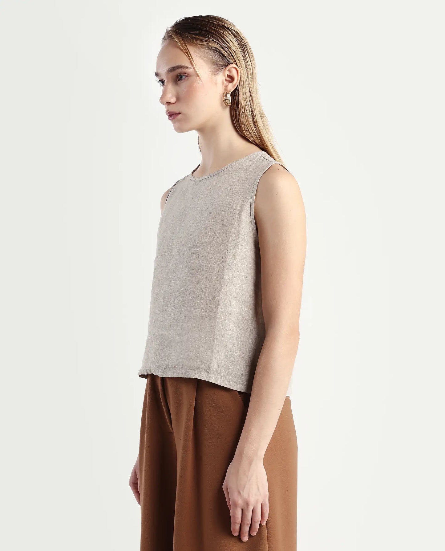 Rareism Women's Nenk Dark Beige Linen Sleeveless Crew Neck Regular Fit Plain Top | RAREISM at Broadway