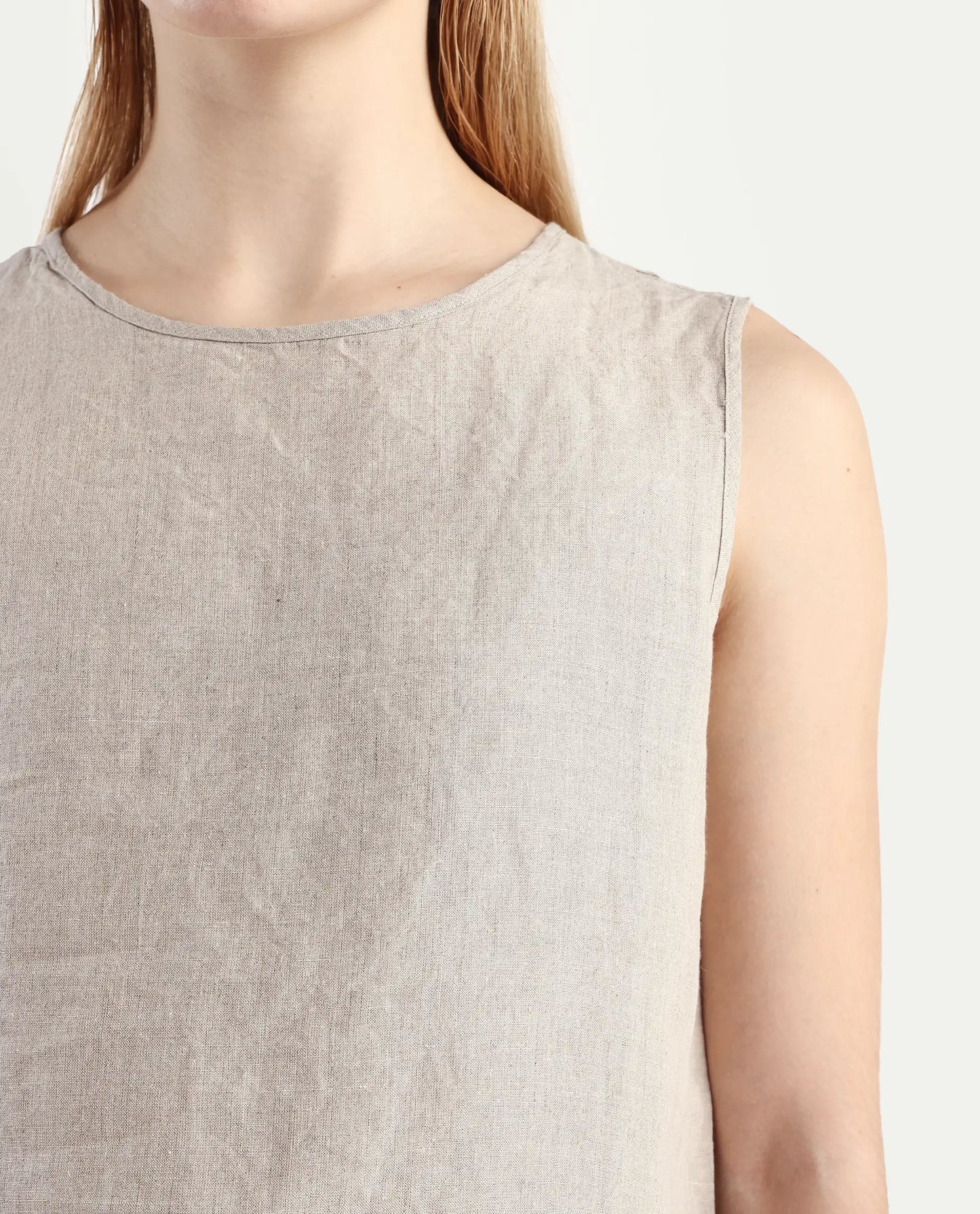 Rareism Women's Nenk Dark Beige Linen Sleeveless Crew Neck Regular Fit Plain Top | RAREISM at Broadway