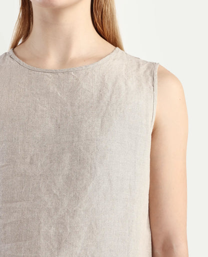 Rareism Women's Nenk Dark Beige Linen Sleeveless Crew Neck Regular Fit Plain Top | RAREISM at Broadway