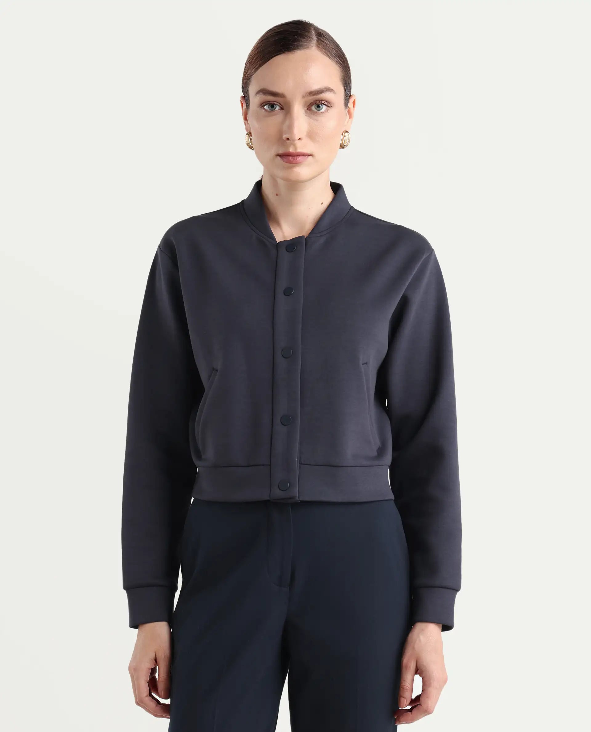 Rareism Women's Nitt Navy Cotton Blend Stand Collar Regular Fit Jacket | RAREISM at Broadway