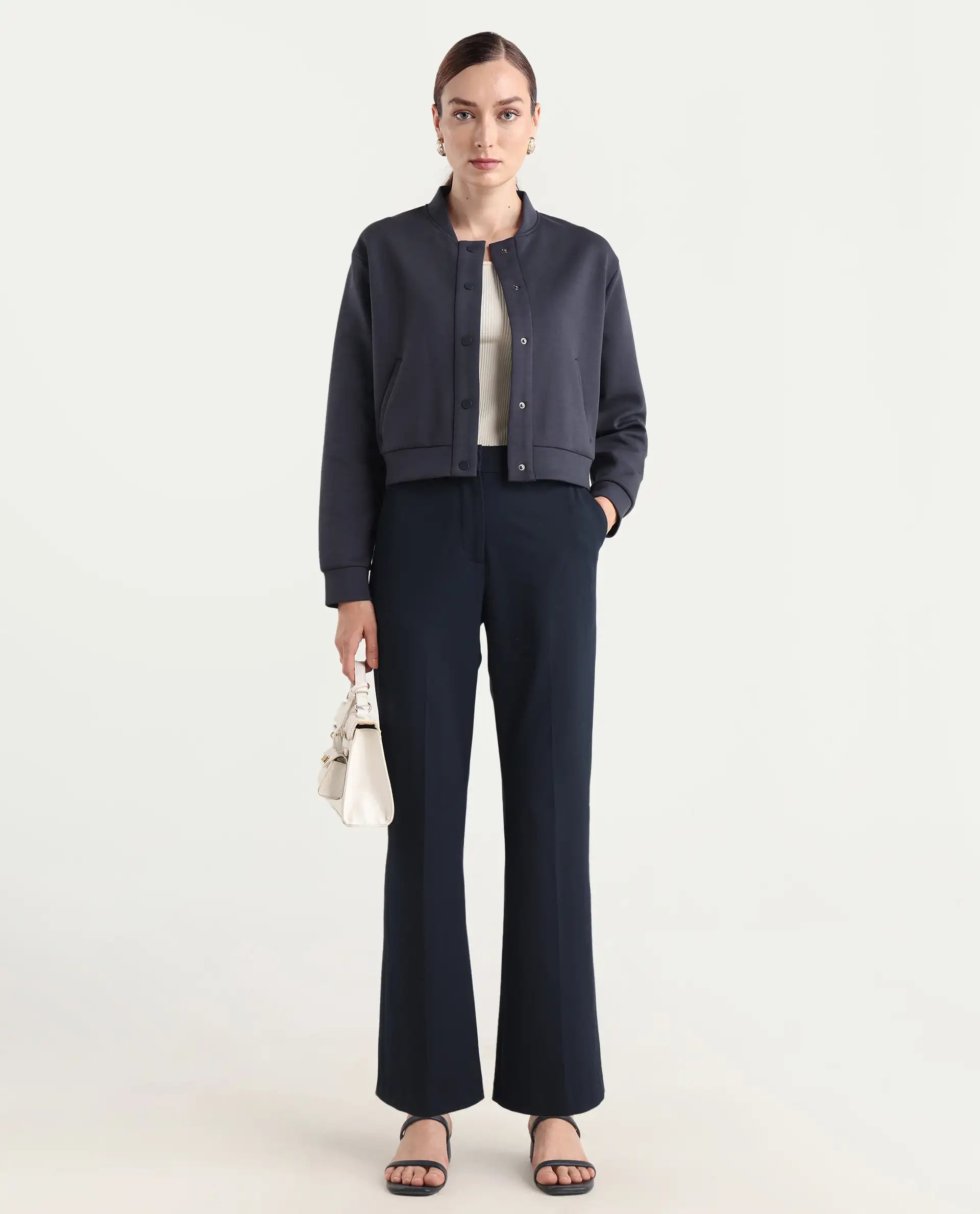 Rareism Women's Nitt Navy Cotton Blend Stand Collar Regular Fit Jacket | RAREISM at Broadway