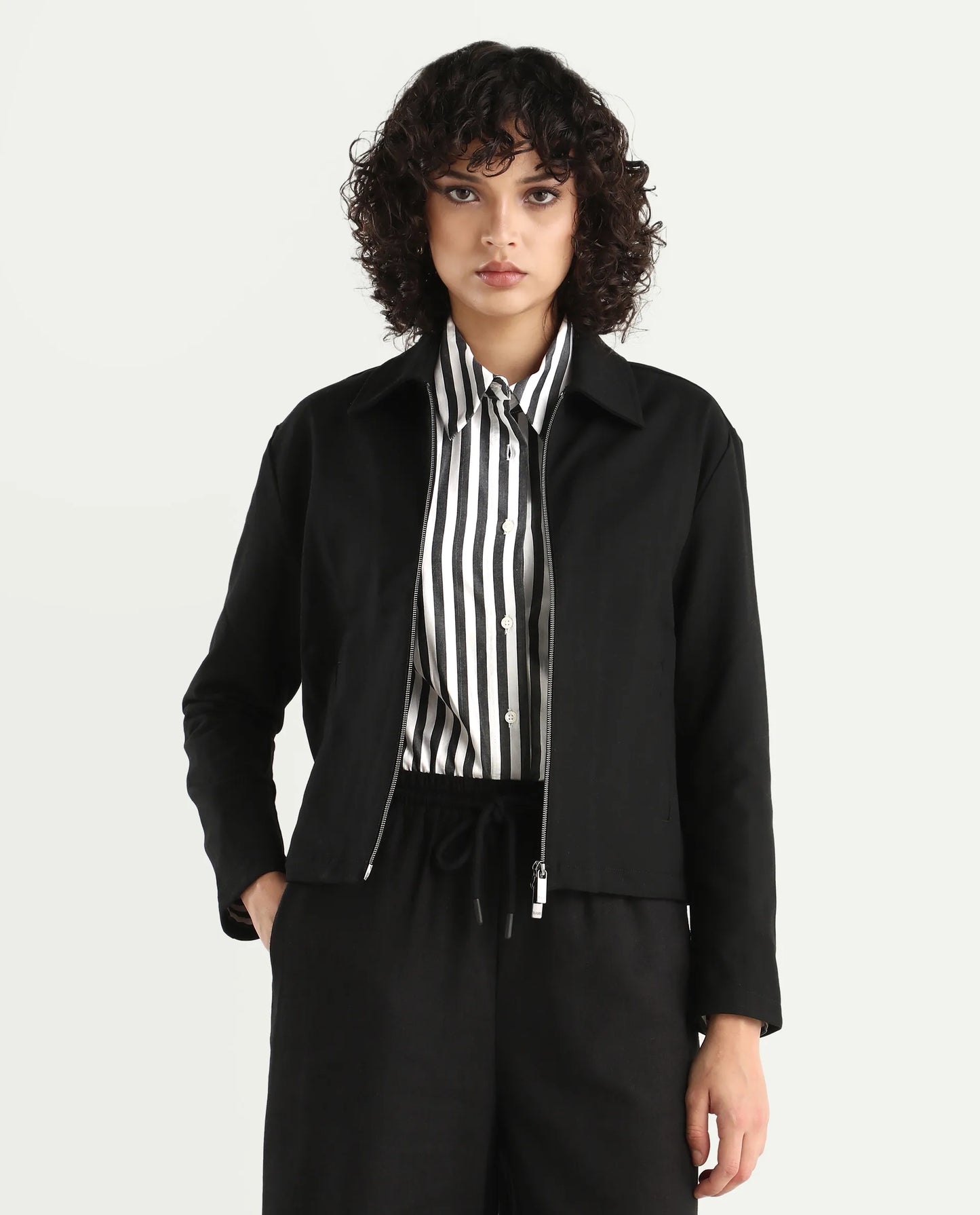 Rareism Women's Nizlo Black Polyester Blend Spread Collar Regular Plain Jacket | RAREISM at Broadway