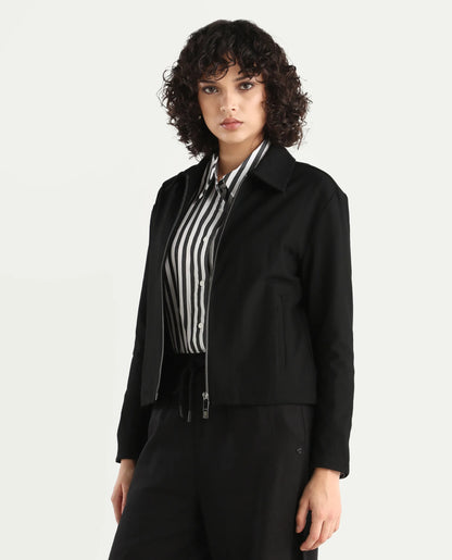 Rareism Women's Nizlo Black Polyester Blend Spread Collar Regular Plain Jacket | RAREISM at Broadway