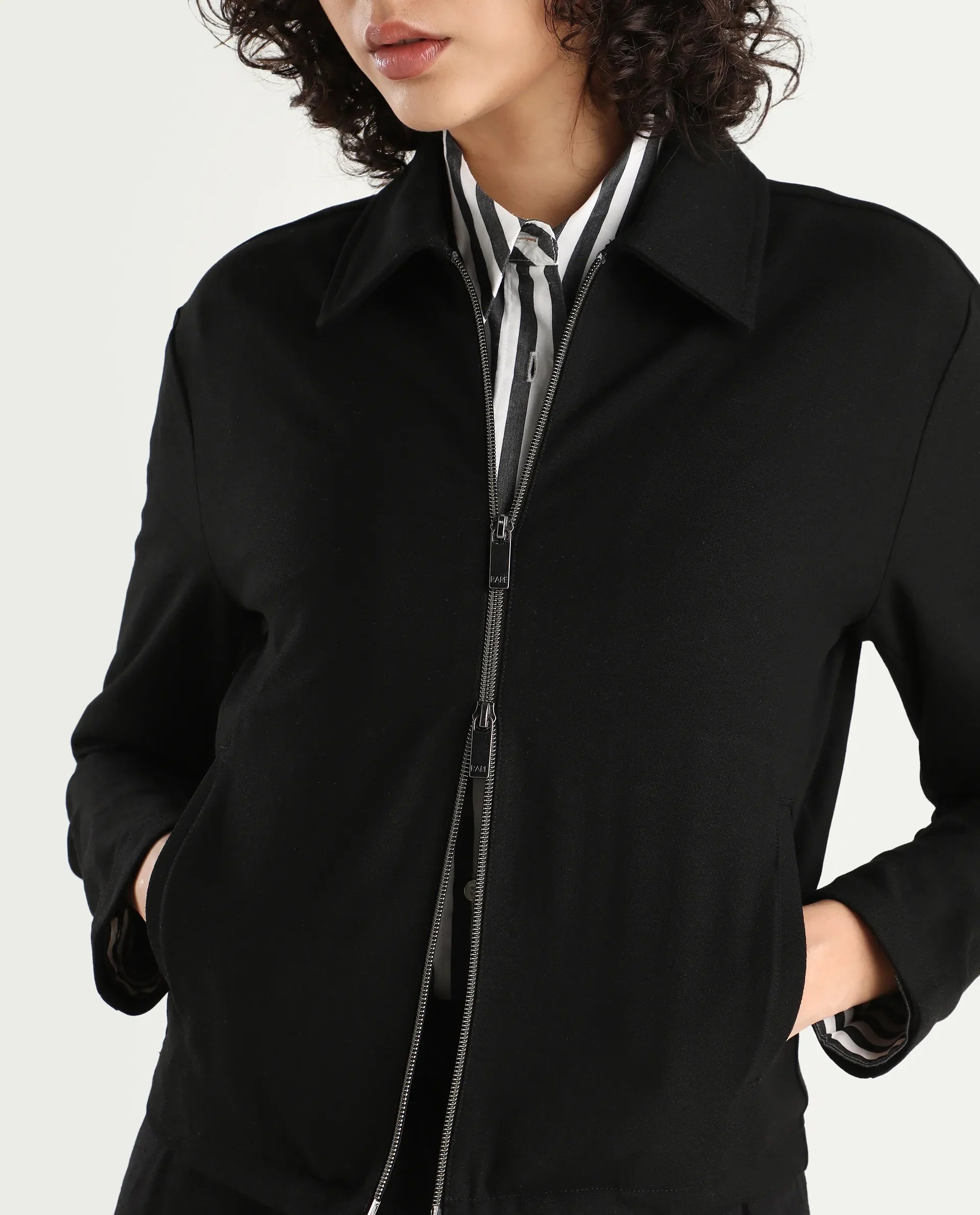 Rareism Women's Nizlo Black Polyester Blend Spread Collar Regular Plain Jacket | RAREISM at Broadway