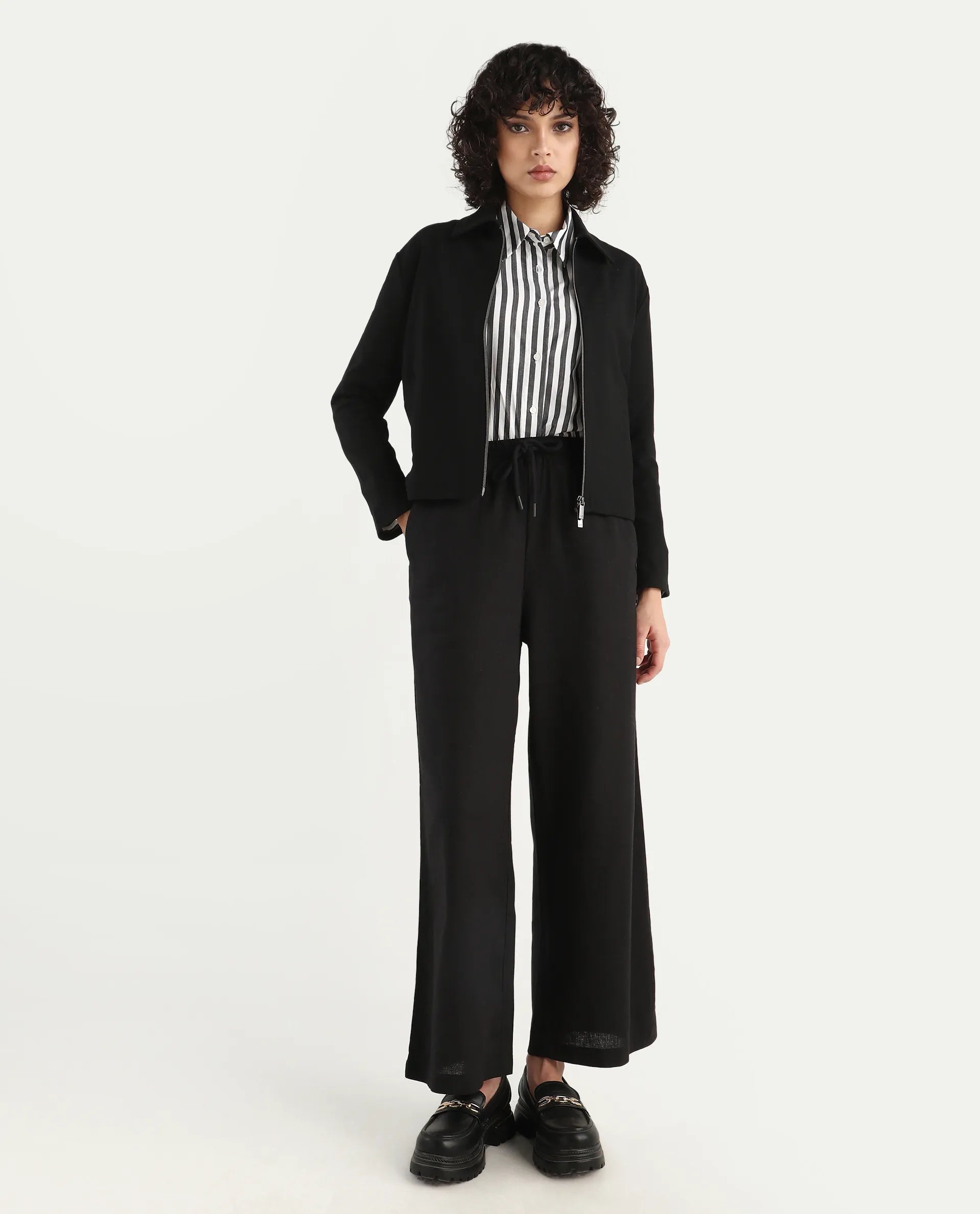 Rareism Women's Nizlo Black Polyester Blend Spread Collar Regular Plain Jacket | RAREISM at Broadway
