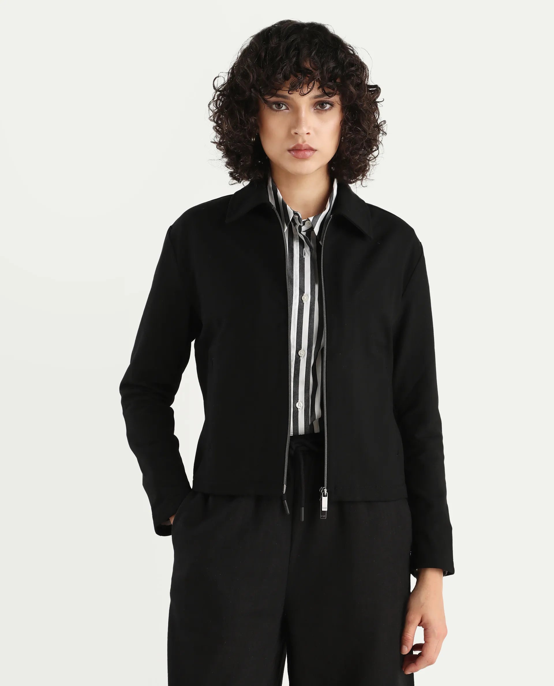 Rareism Women's Nizlo Black Polyester Blend Spread Collar Regular Plain Jacket | RAREISM at Broadway