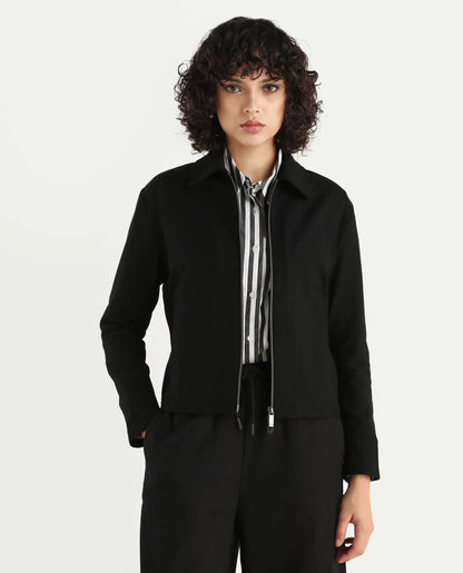 Rareism Women's Nizlo Black Polyester Blend Spread Collar Regular Plain Jacket | RAREISM at Broadway