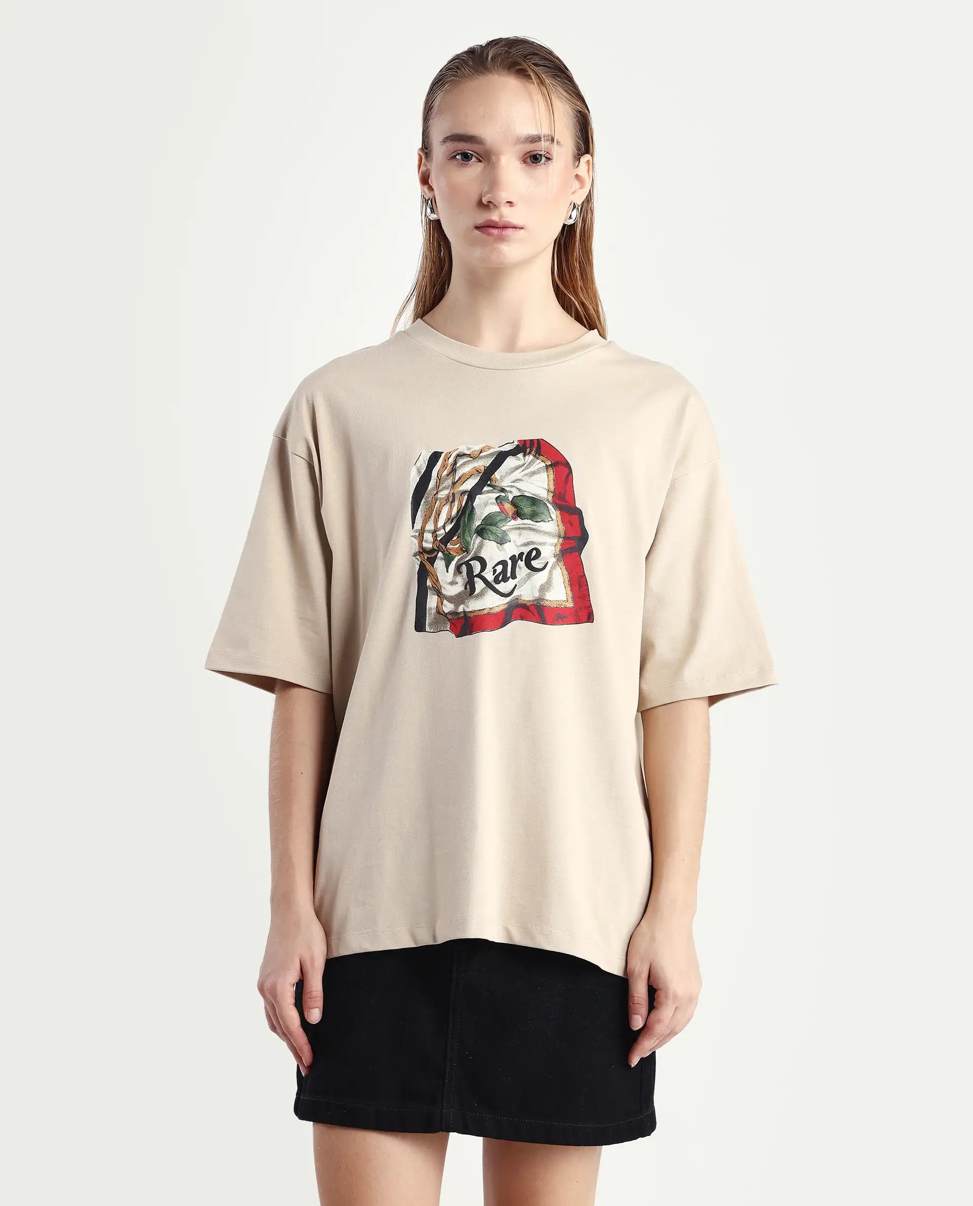 Rareism Women's Nouv Beige Cotton Crew Neck Oversized Fit T-Shirt | RAREISM at Broadway