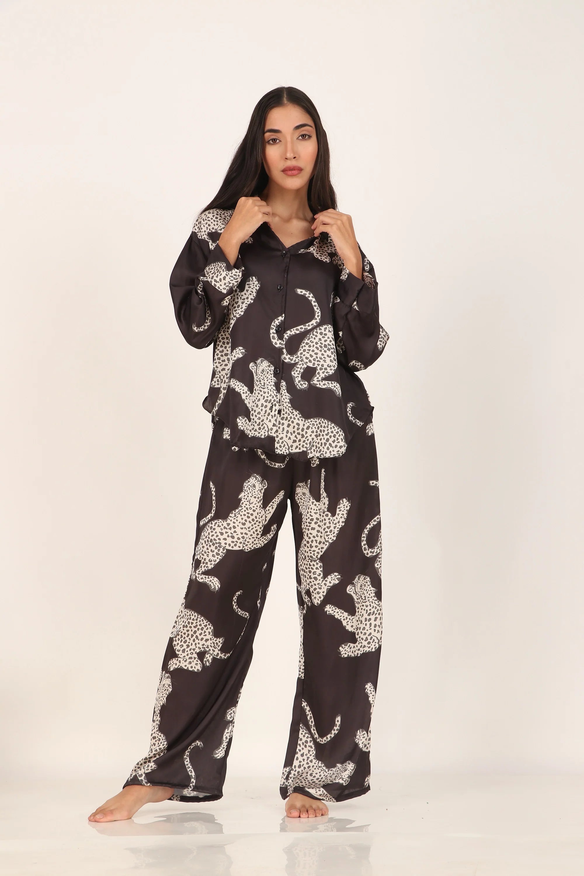 Black cheetah Oversized Satin PJ Set | Masha at Broadway