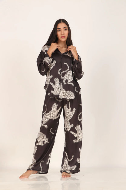 Black cheetah Oversized Satin PJ Set | Masha at Broadway