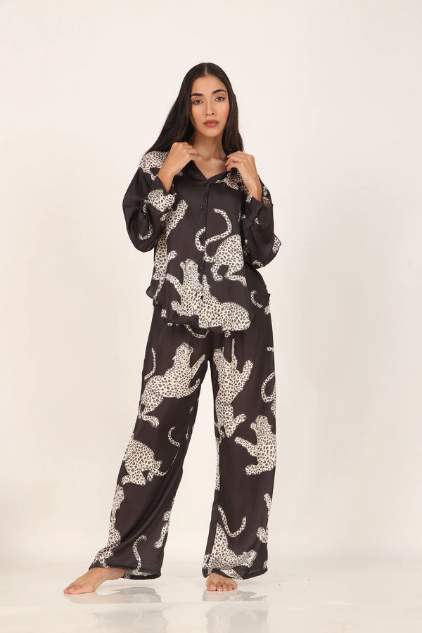 Black cheetah Oversized Satin PJ Set