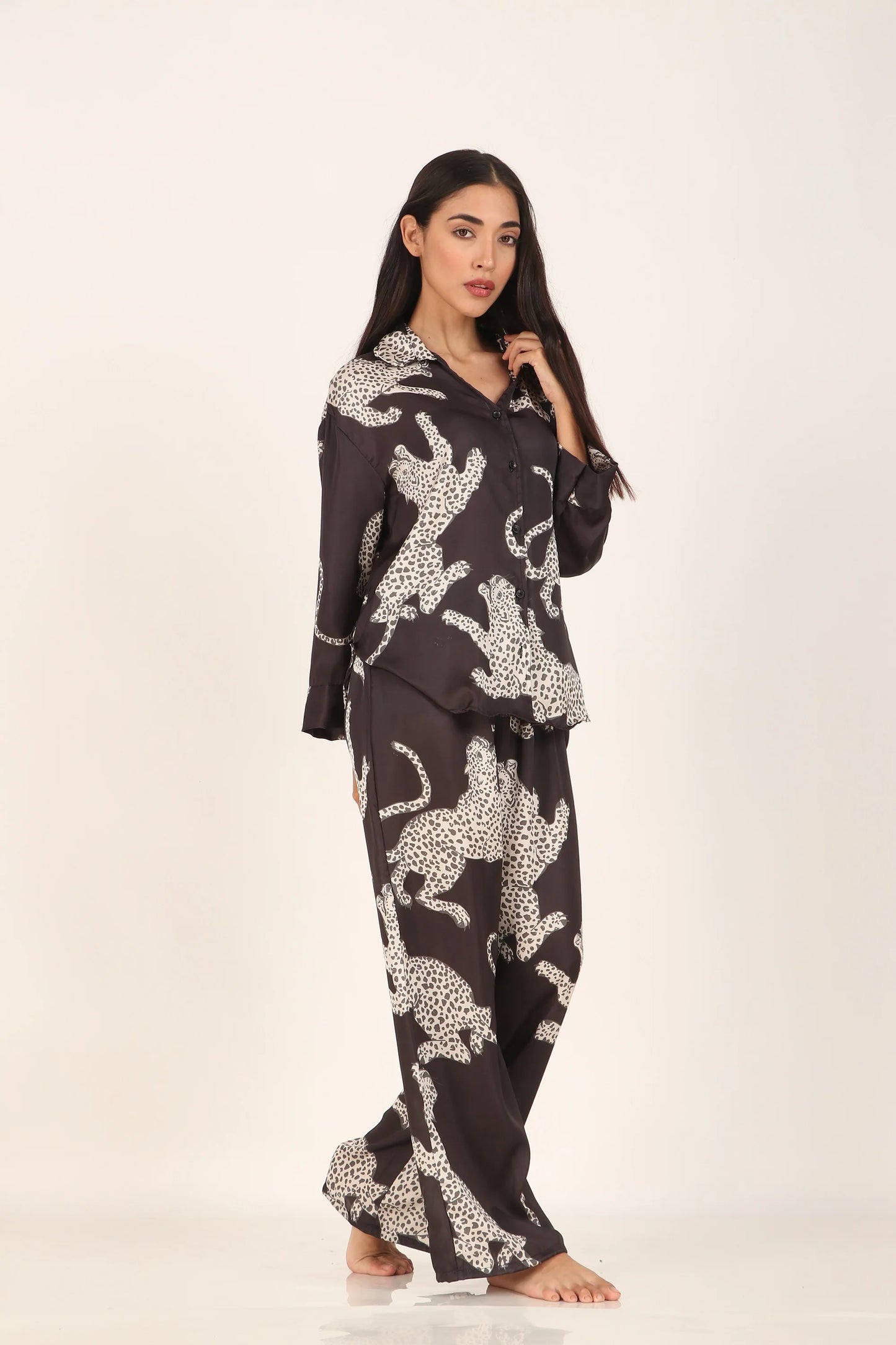 Black cheetah Oversized Satin PJ Set | Masha at Broadway
