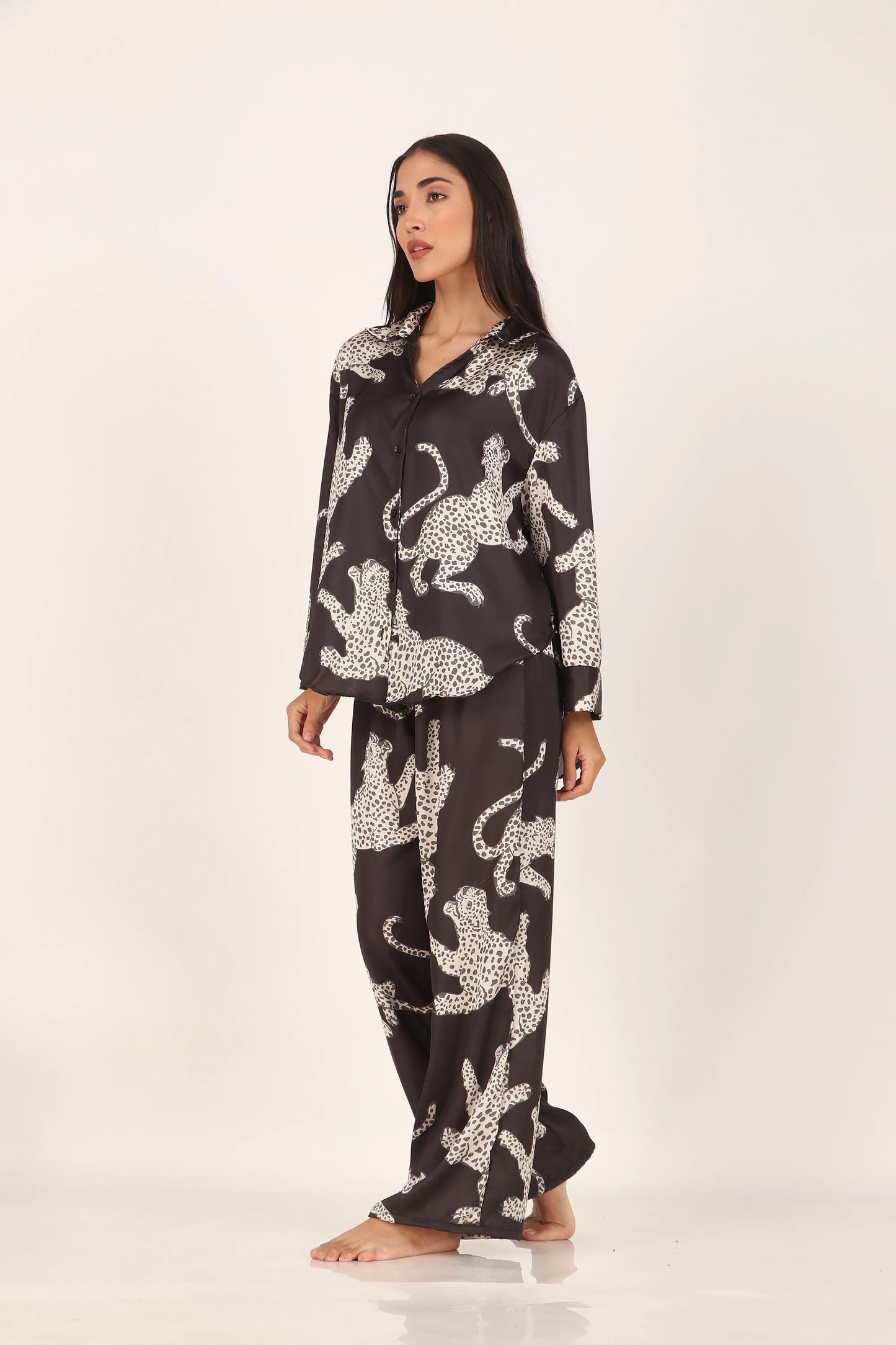 Black cheetah Oversized Satin PJ Set | Masha at Broadway
