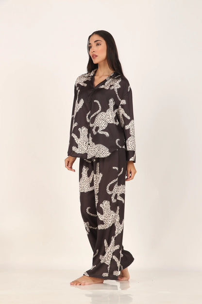 Black cheetah Oversized Satin PJ Set | Masha at Broadway