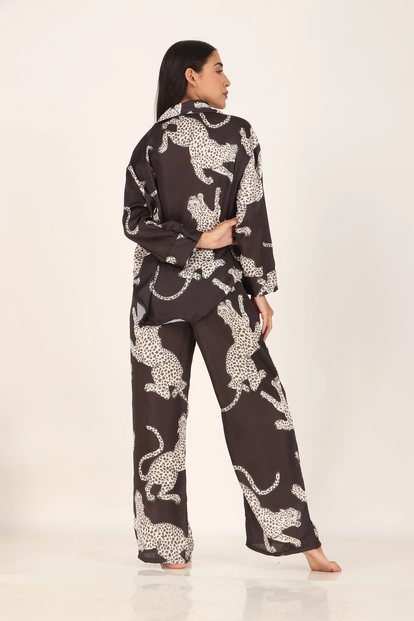 Black cheetah Oversized Satin PJ Set | Masha at Broadway