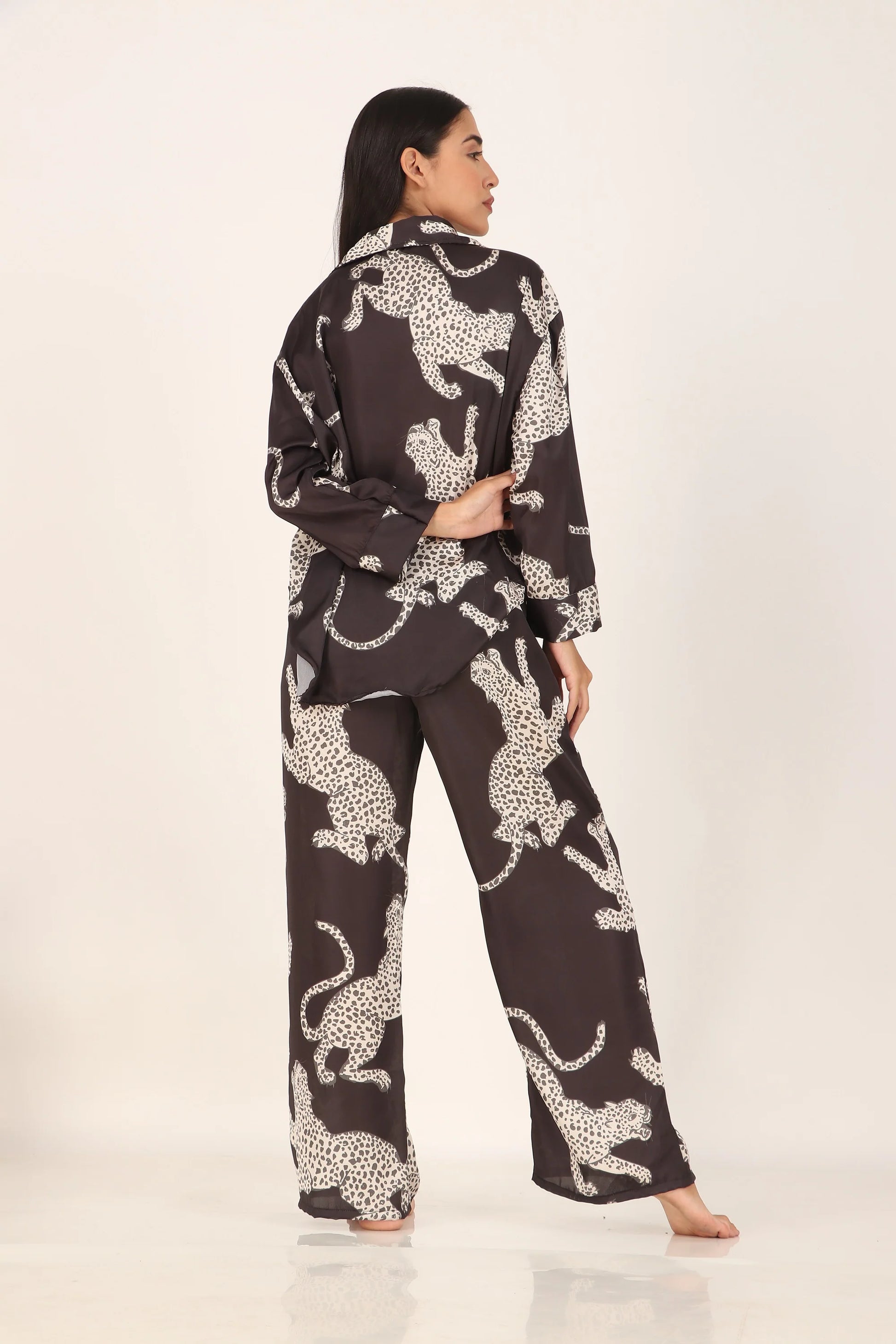 Black cheetah Oversized Satin PJ Set | Masha at Broadway