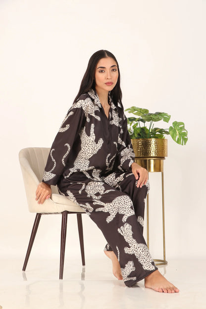 Black cheetah Oversized Satin PJ Set | Masha at Broadway