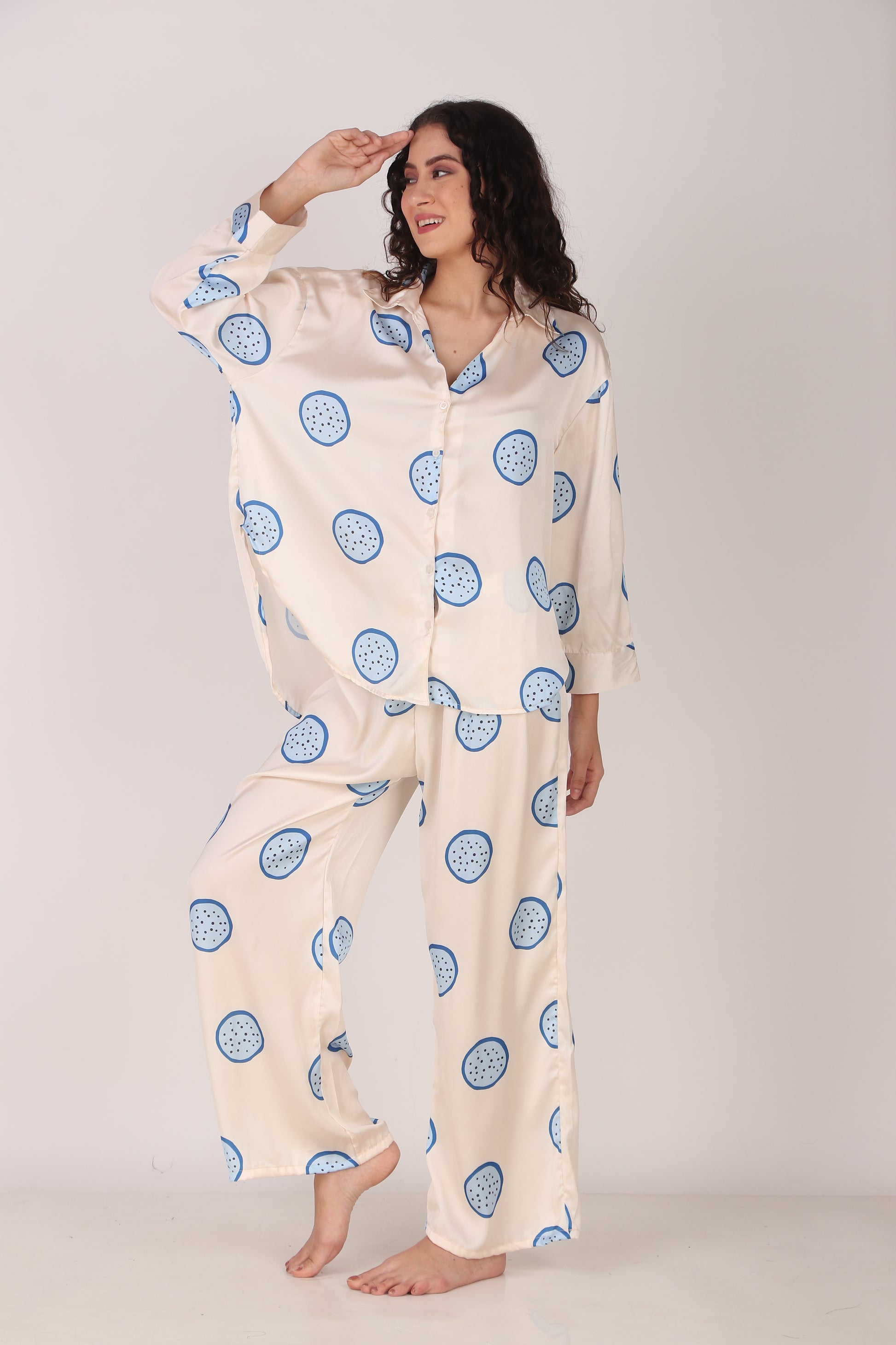 Blue Dragonfruit Oversized Satin PJ Set | Masha at Broadway
