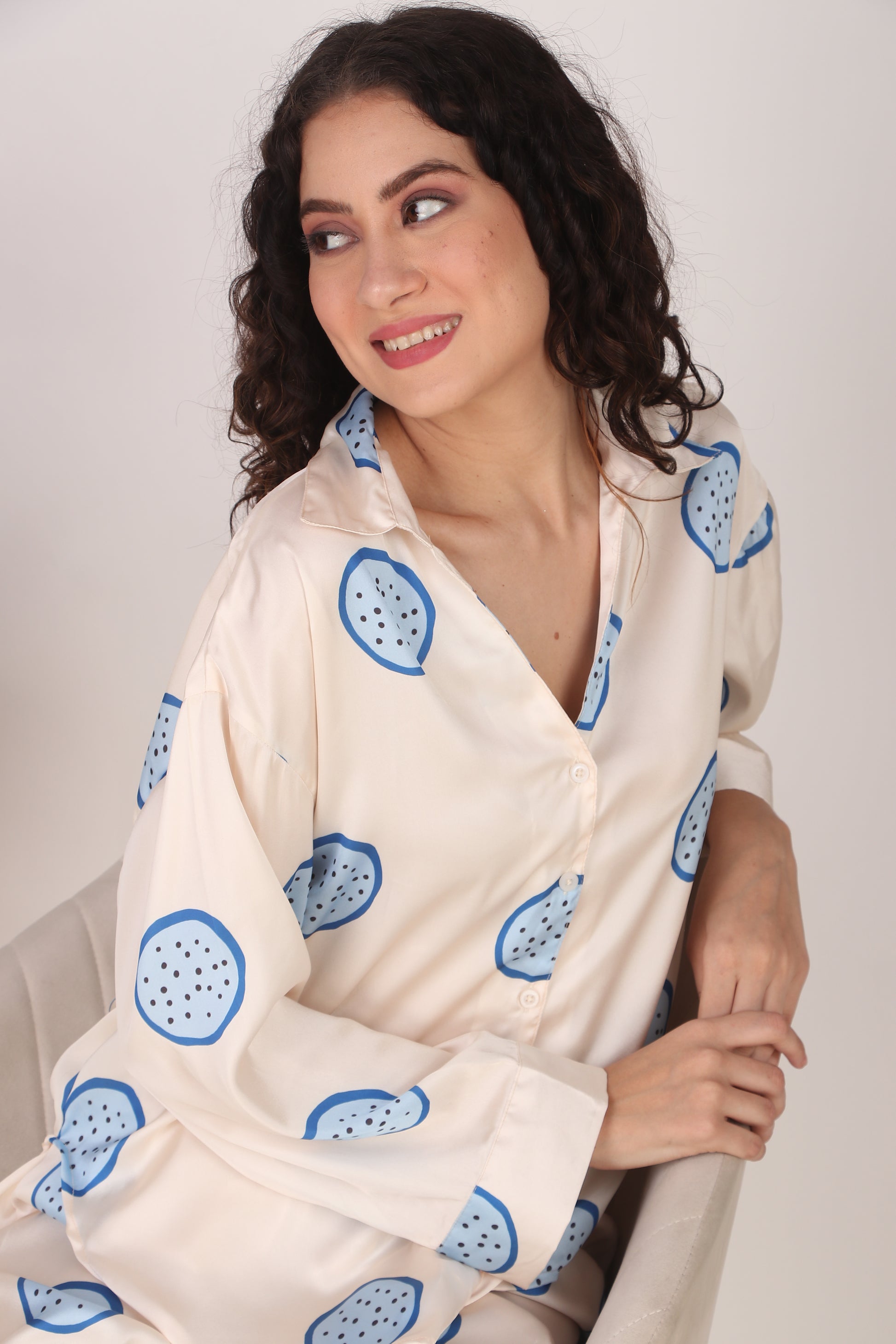 Blue Dragonfruit Oversized Satin PJ Set | Masha at Broadway