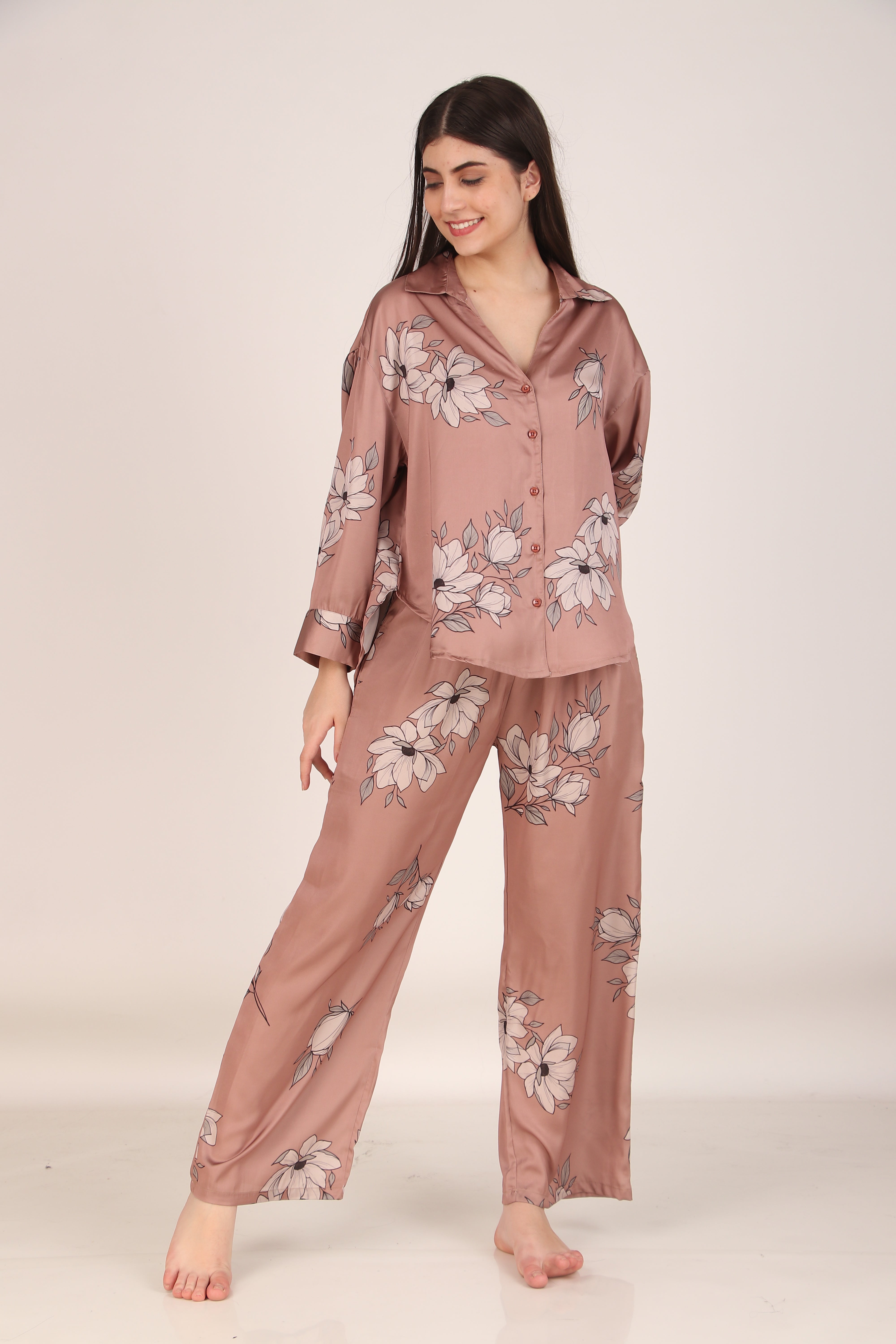Brown Floral Oversized Satin PJ Set | Masha at Broadway