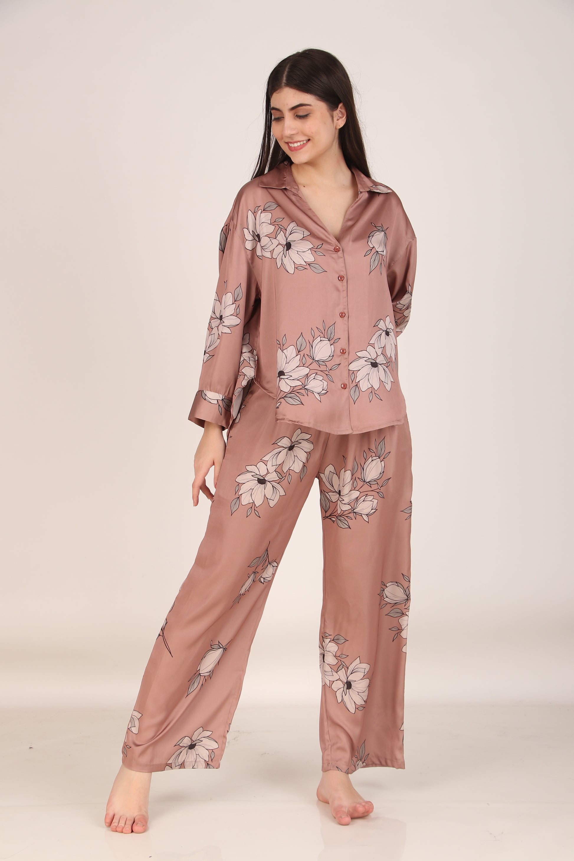 Brown Floral Oversized Satin PJ Set | Masha at Broadway