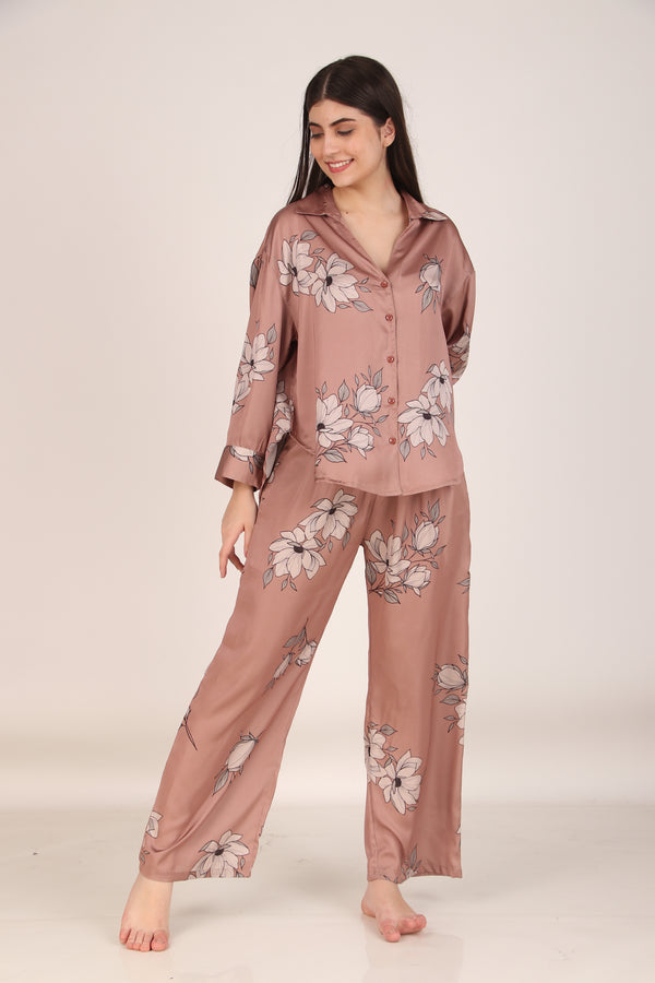 Brown Floral Oversized Satin PJ Set