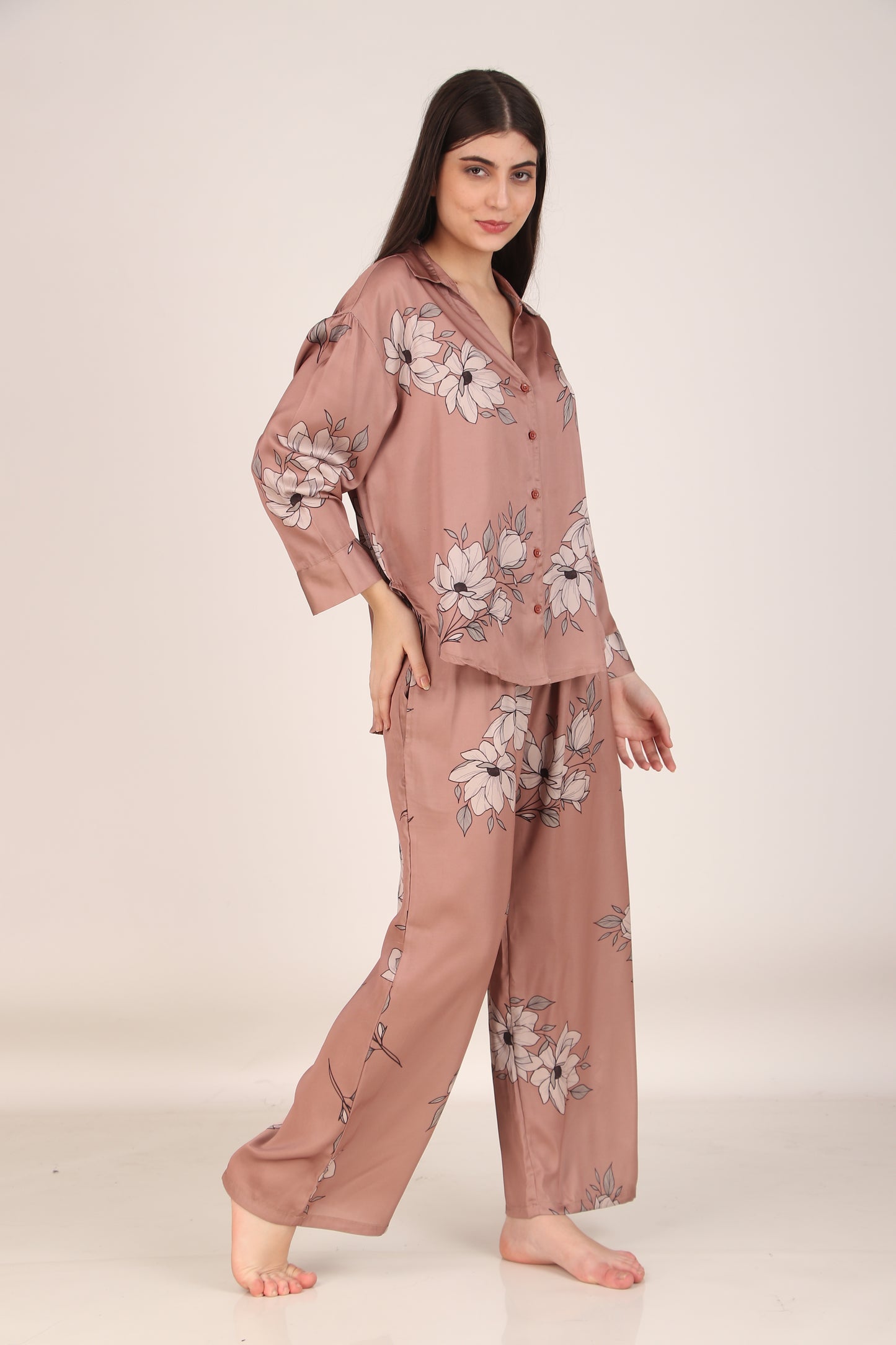 Brown Floral Oversized Satin PJ Set | Masha at Broadway
