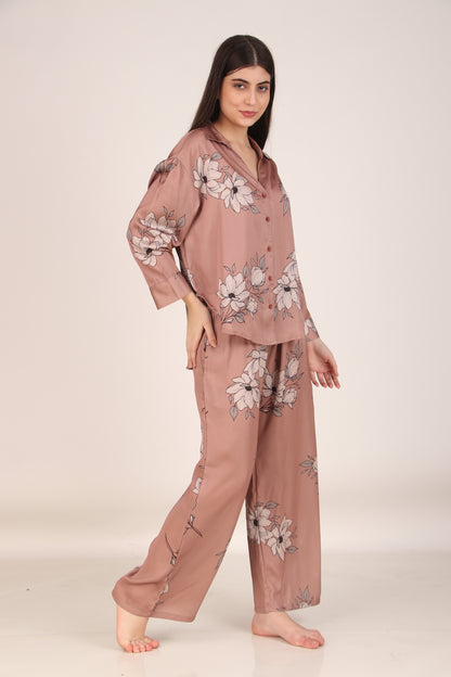 Brown Floral Oversized Satin PJ Set | Masha at Broadway